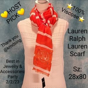 ❤NWT Scarf by Lauren RL- Viscose in Orange w/ White Stripes & Grometted Applique